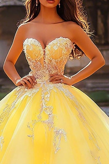 Ball Gown Strapless Yellow Appliqued Quinceanera Dress